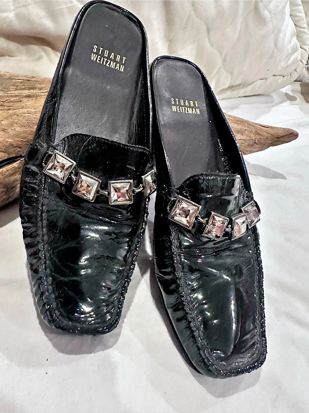 Stuart Weitzman Black Jeweled-Embellished Slip-On Mule